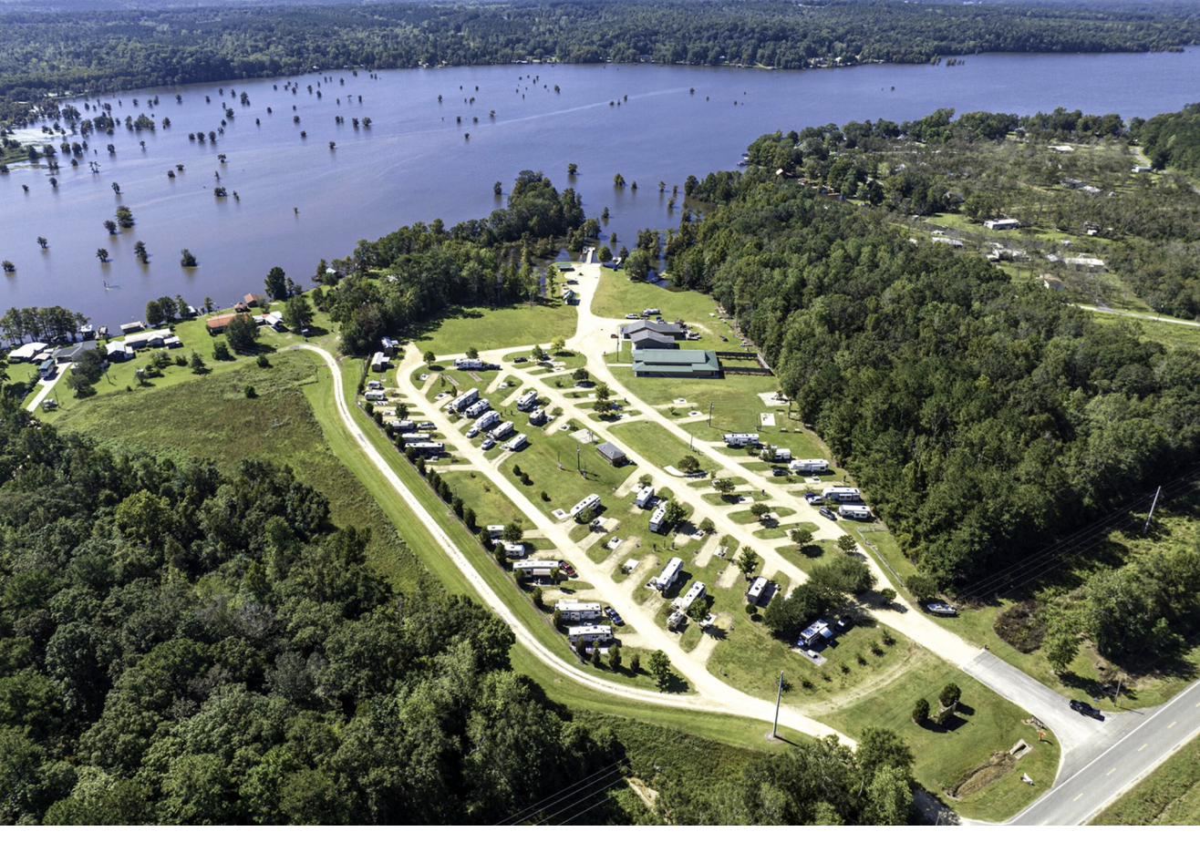 Aerial view of the RV sites and Gantt Lake at Cypress Landing