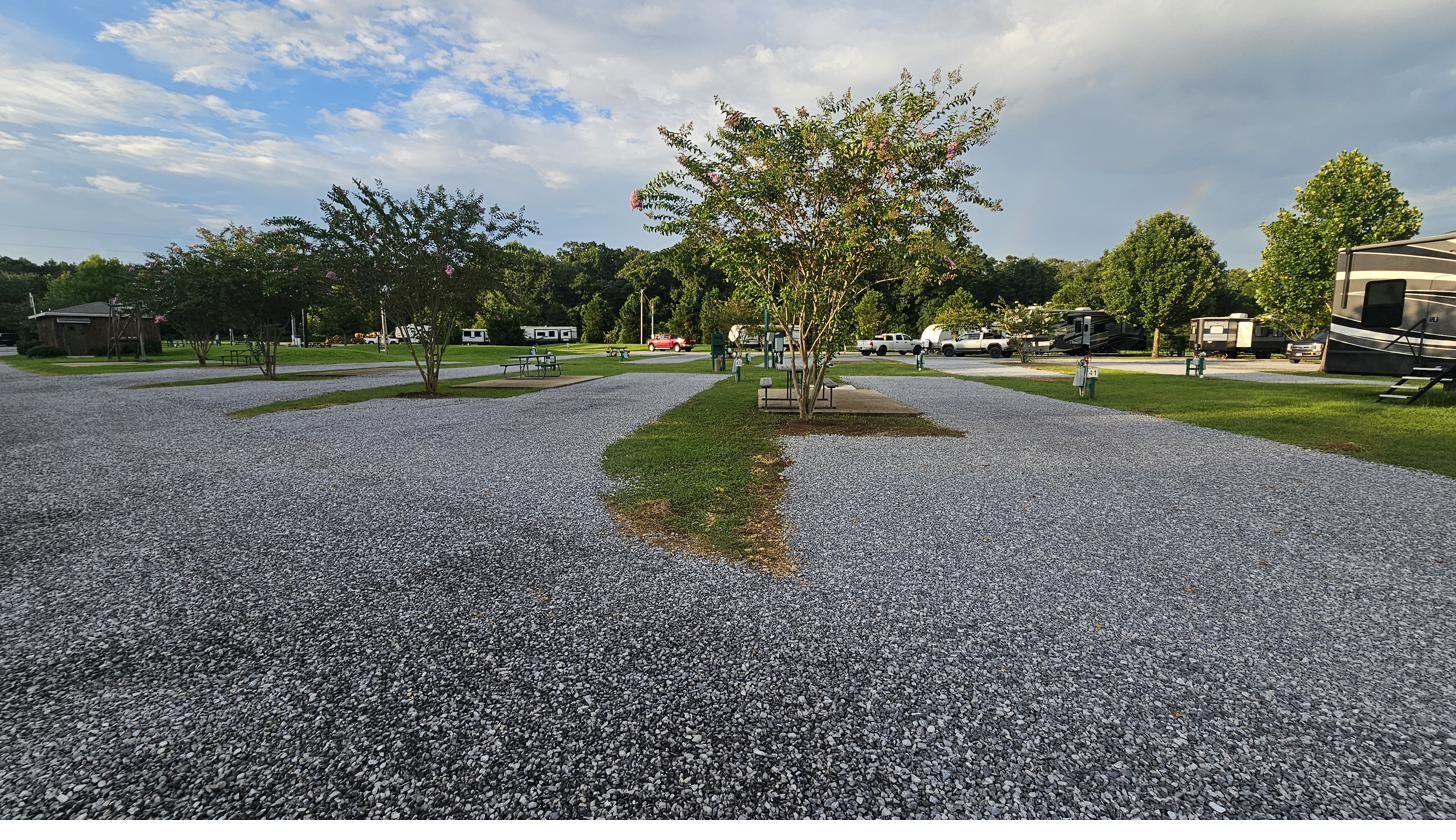 Wide gravel pull-through RV sites at Cypress Landing