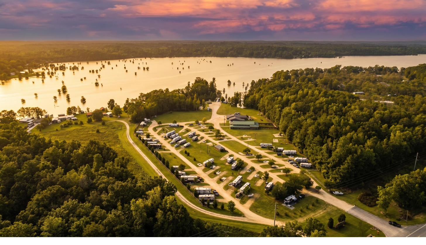 Aerial view of Cypress Landing at sunset